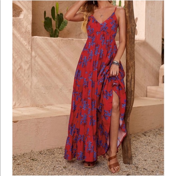Bohemian Floral Print Cottagecore Maxi DressRed - Picture 4 of 6